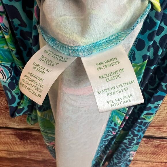 Lilly Pulitzer Camille Dress Formentera Turquoise XL Midi Floral Cheetah Puff - Picture 7 of 7